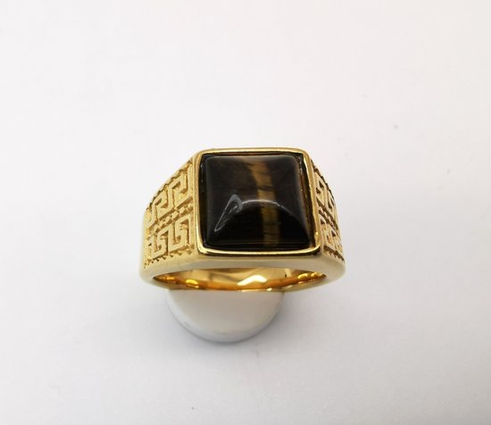 RVS Edelsteen Tijgeroog goudkleurig Griekse design Ring. Maat 19. Vierkant ringen met beschermsteen. geweldige ring zelf te dragen of iemand cadeau te geven.