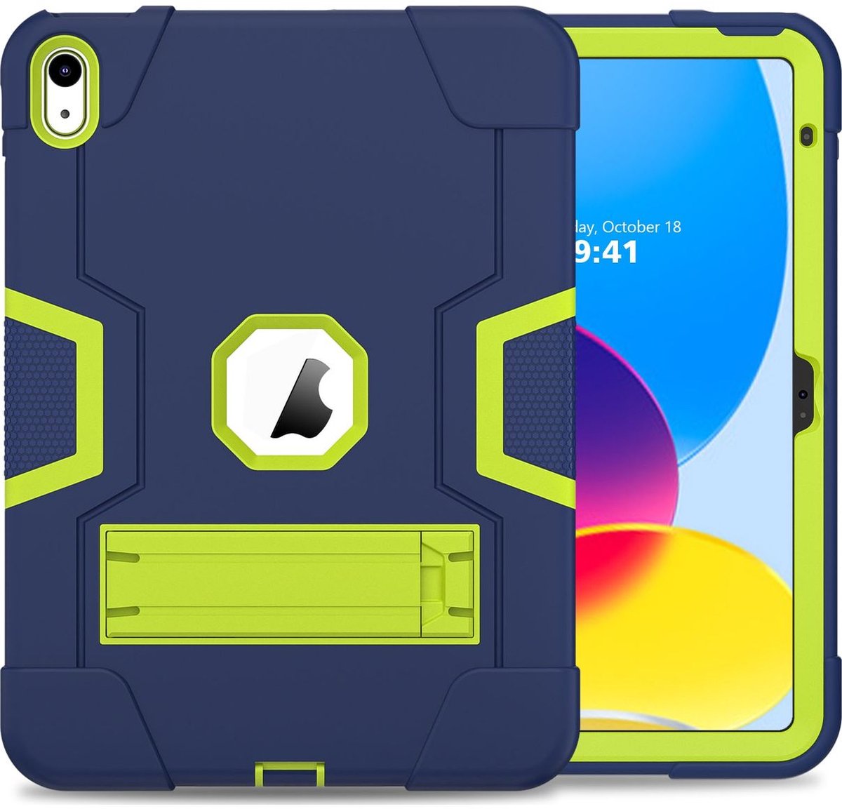 Mobigear Tablethoes geschikt voor Apple iPad 10 (2022) Hardcase Backcover | Mobigear ShieldStand | Schokbestendig iPad 10 (2022) Telefoonhoesje | Anti Shock Proof + Standaard - Groen / Marineblauw
