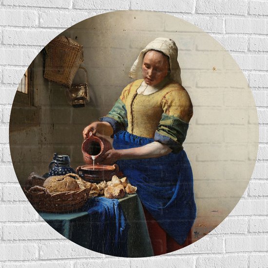 Muursticker Cirkel - Het melkmeisje, Johannes Vermeer, ca. 1660 - 100x100 cm Foto op Muursticker