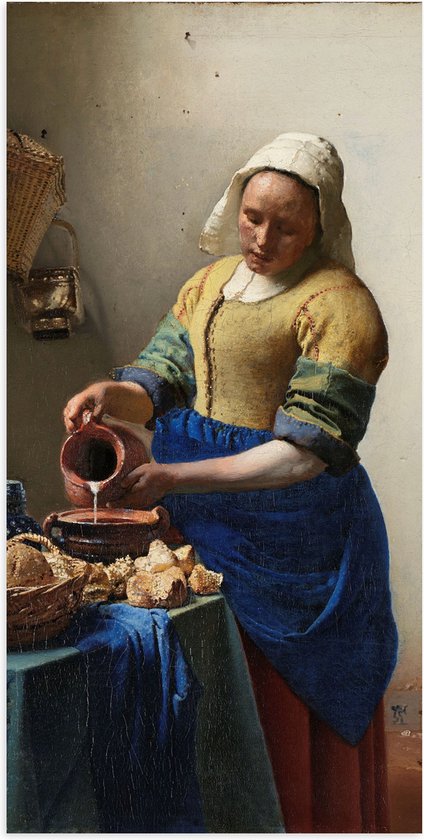 Poster Glanzend – Het melkmeisje, Johannes Vermeer, ca. 1660 - 50x100 cm Foto op Posterpapier met Glanzende Afwerking