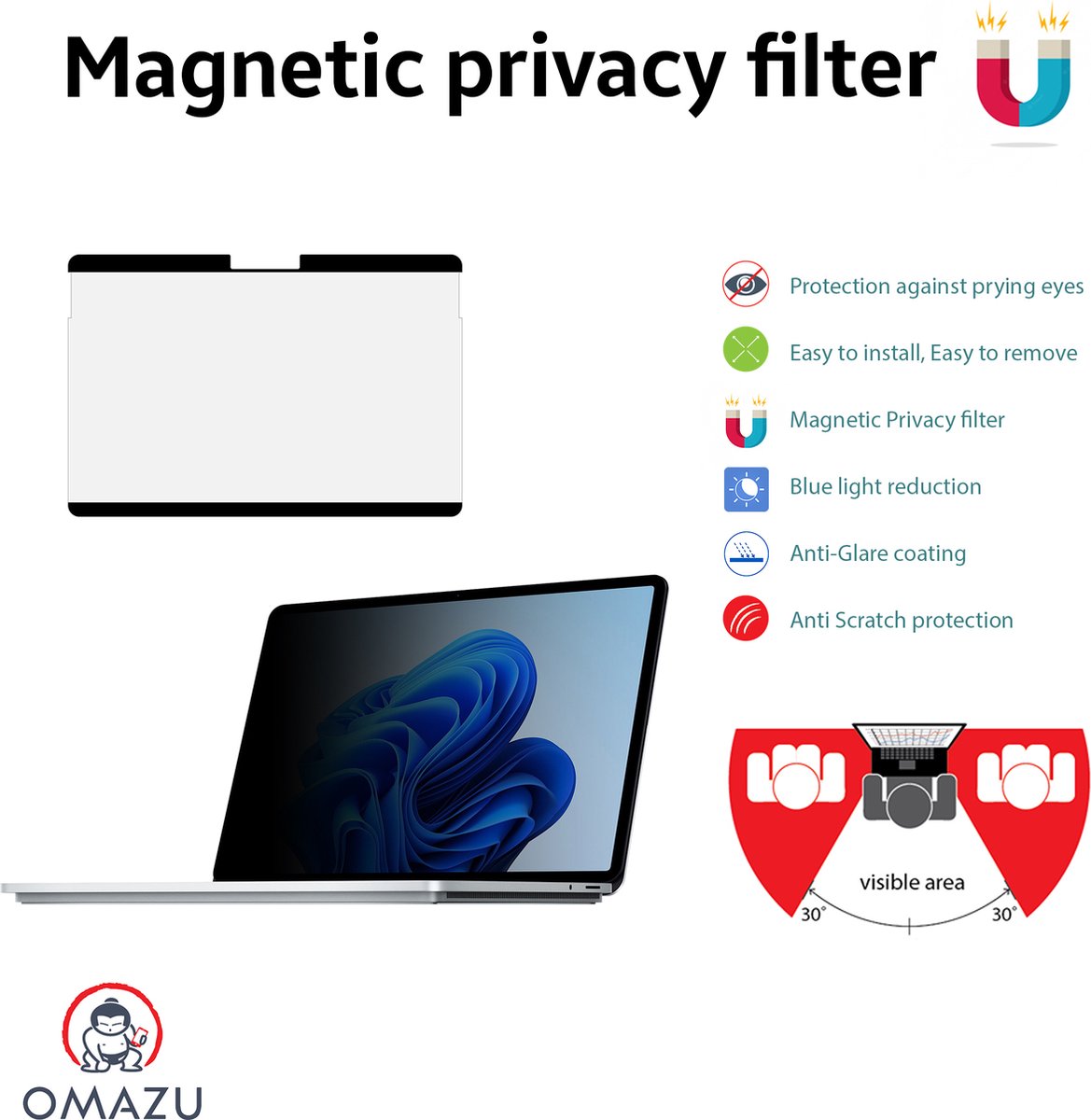 OMAZU Magnetic Privacy Screen, Geschikt voor Apple Macbook Pro 14 Inch 2021, afneembaar, anti-blue light cut, anti-glare, bescherm folie, privacy filter