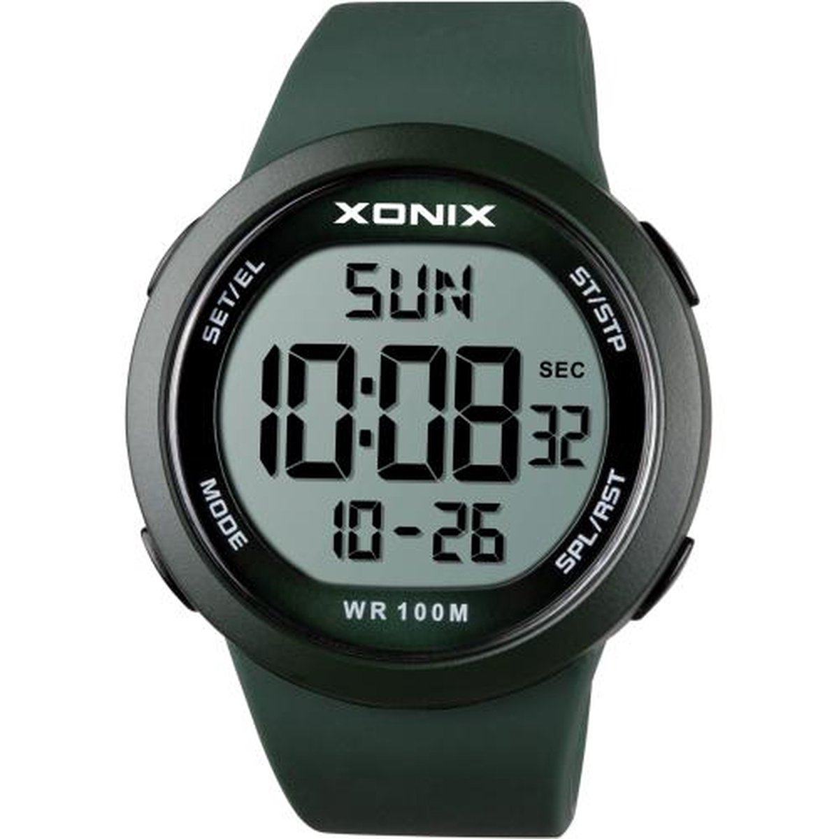 Xonix NY-A01 - Horloge - Digitaal - Heren - Mannen - Rond - Siliconen band - ABS - Cijfers - Achtergrondverlichting - Alarm - Start-Stop - Chronograaf - Tweede tijdzone - Waterdicht - 10 ATM - Groen - Zwart