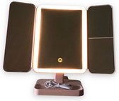 TommRock® Make Up Spiegel met LED verlichting (Roze) - Luxe Design - Scheerspiegel – Cosmetica Spiegel - 3 luik – inklapbaar – kantelbaar – draaibaar – staand – 2 vergrootspiegels – Oplaadbaar USB-C (incl. kabel)