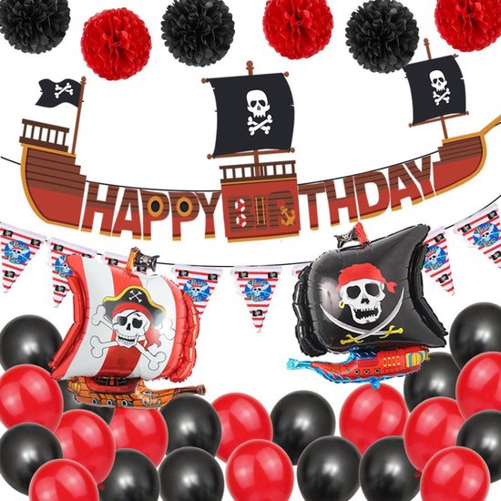 Piraten Feestartikelen - Piraten - Happy Birthday Slinger - Piraten Versiering - XXL Piraten Ballon Set Groot- Piraten Decoratie - 32 items - Verjaardag Versiering - Ballonnen - Fienosa- jongens verjaardag - themafeest