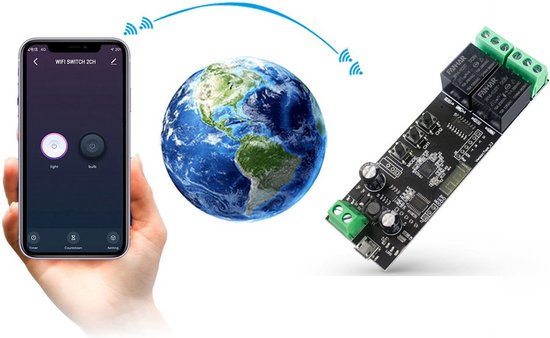 Hand houdt smartphone met WiFi schakelaar app, naast aardbol en printplaat met 2 relais.