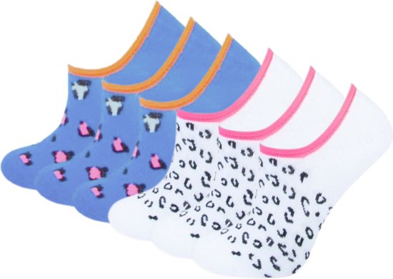 6 paar meisjes Footies - Leopard - Blauw/Wit - Maat 27-30