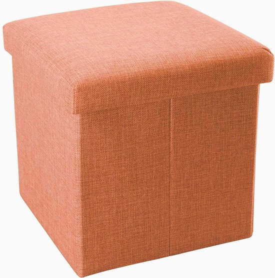 Intirilife Pouf Pliable 30 x 30 x 30 cm en Orange Mandarini - Boîte de Rangement Cube Boîte de Rangement en Lin avec Couvercle - Repose-Pied Chaise