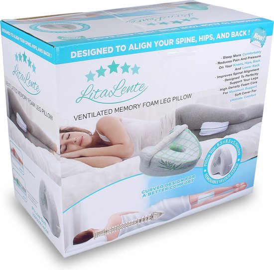 Doos van bamboe kniekussen met afbeeldingen van een slapende vrouw en het kussen. Tekst: 'Designed to align your spine, hips, and back'.