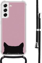 Hoesje met koord geschikt voor Samsung Galaxy S21 FE - Zwarte kat - Inclusief zwart koord - Crossbody beschermhoes - Transparant, Roze - Mooie Telefoonhoesjes