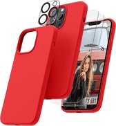 Hoesje Geschikt voor iPhone 14 Pro Max – Liquid siliconen backcover met 2x glazen screenprotector en camera lens protector – Rood
