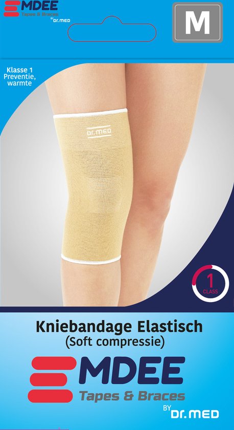 Dr. Med elastische kniebandage in beige, maat M, met witte randen. "Klasse 1 Preventie, warmte"