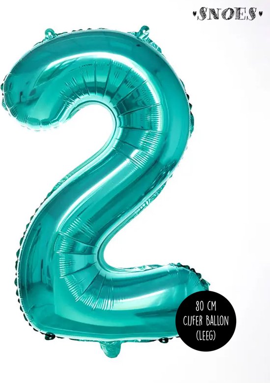 Cijfer Helium Folie Ballon - 2 jaar cijfer - Turquoise - Turkoois - 80 cm - leeftijd 2 jaar feestartikelen verjaardag