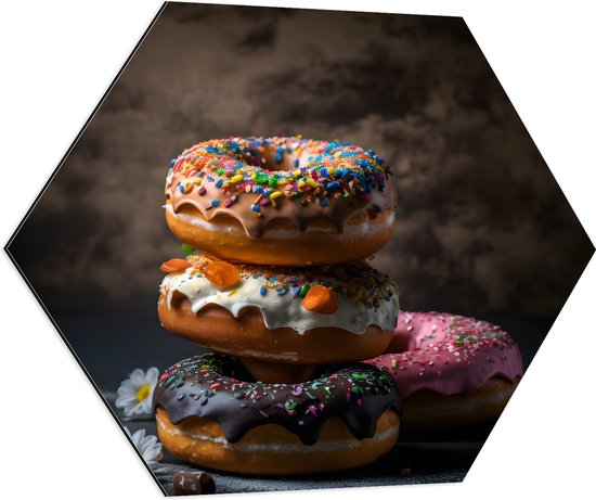 Dibond Hexagon - Opgestapelde Donuts in Verschillende Smaken - 70x60.9 cm Foto op Hexagon (Met Ophangsysteem)