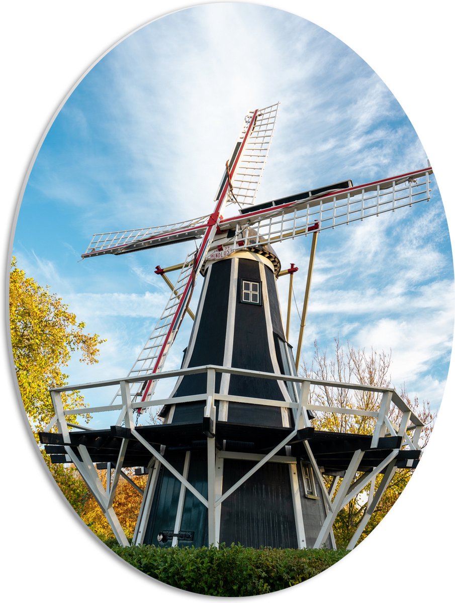 PVC Schuimplaat Ovaal - Oude Zwarte Houten Windmolen onder Sluierbewolking - 42x56 cm Foto op Ovaal (Met Ophangsysteem)