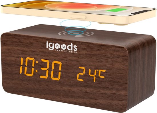 Wekker numérique Igoods - Design en bois - Station météo - Avec chargeur intégré