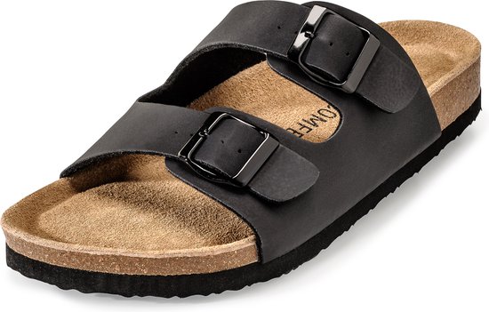 Slippers dames - Slippers Heren - Sandalen - Memory foam voetbed - PU leer - Zwart