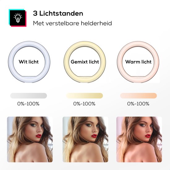 Ringlamp met drie lichtstanden: wit, gemengd en warm licht, met instelbare helderheid.