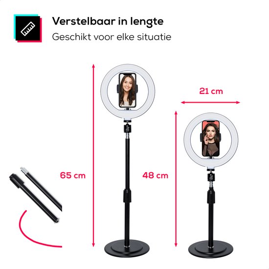 Zwarte ringlamp met verstelbaar statief, 65 cm hoog met telefoonhouder.