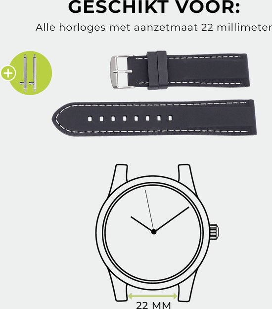 SmartphoneClip® Horlogeband - Siliconen - 22 mm - Zwart met witte stiksels - Horlogebandjes - SmartphoneClip