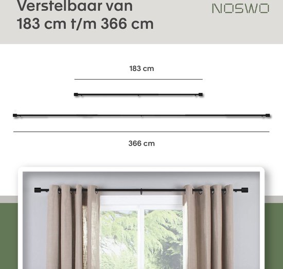 Tringle à rideaux Noswo - Extensible - 183 à 366 cm - Tringle à rideaux - Tringles à rideaux Complète - Métal - Zwart