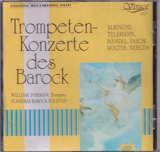 Cd-hoes met de titel 'Trompeten-Konzerte des Barock' in gele letters, met een schildering van een engel met trompet.