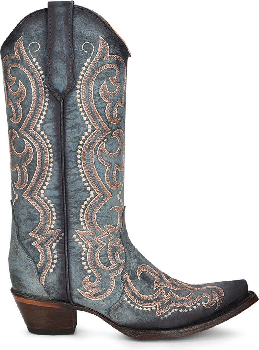 Circle G dames cowboylaarzen in blauw leer met ecru en bruine stiksels