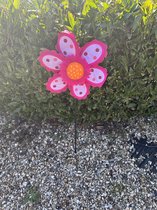 Windmolen met bloem - roze met stipjes - nylon + kunststof steker- dia 29 cm x hoogte 55 cm - Tuinaccessoires - Tuinstekers