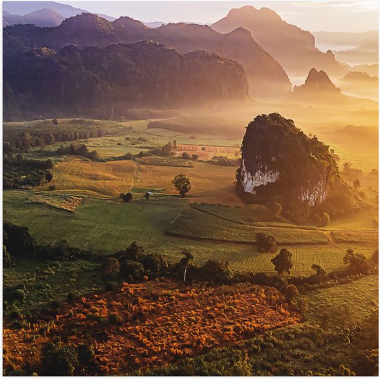 Poster Glanzend – Landschap van Phu Langka Forest Park tijdens Avondzon, Thailand - 50x50 cm Foto op Posterpapier met Glanzende Afwerking