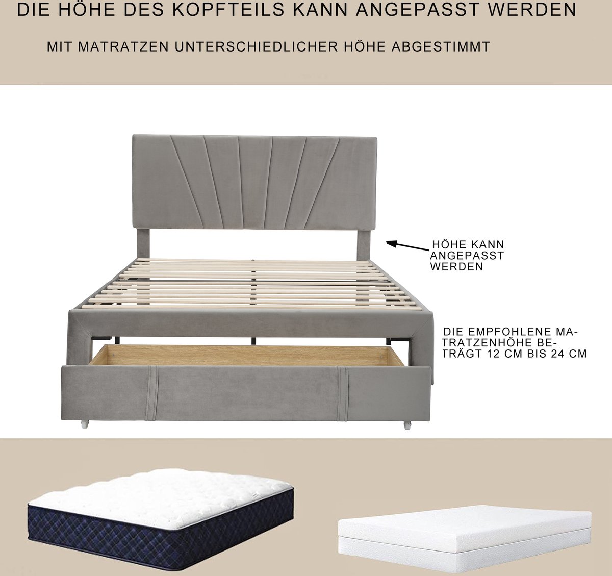Gestoffeerd bed 140 x 200 cm, jeugdbed, tweepersoonsbed met zachte rugleuning en gewatteerde rand, beige linnen lattenbodem (matras niet inbegrepen
