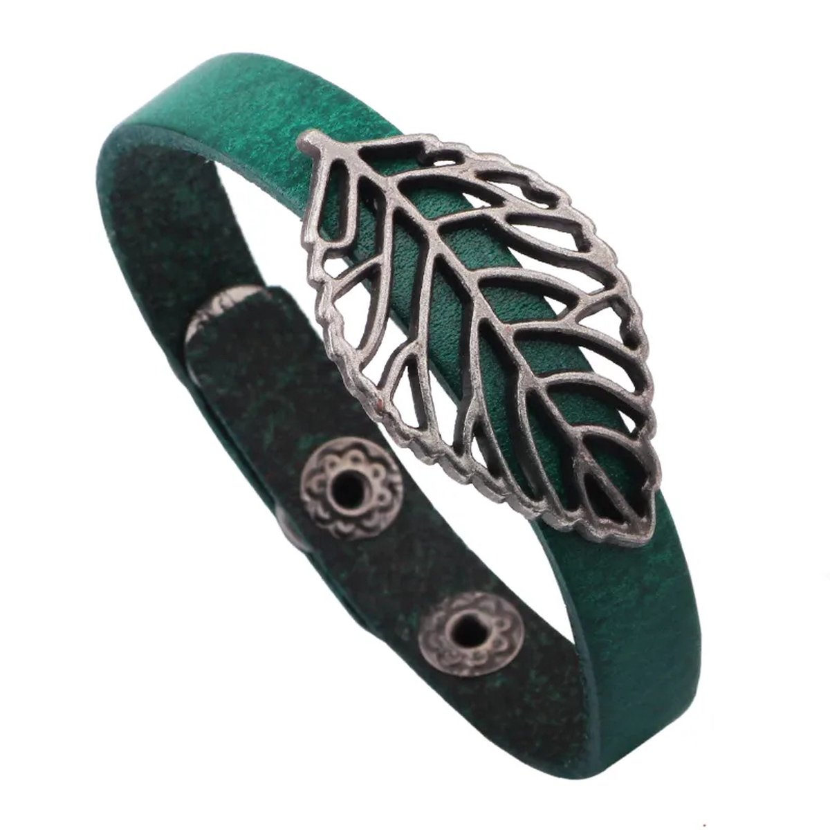 Megasieraden Groene Bladbladeren Armband - Lederen Riem Metalen Knoop Gesp