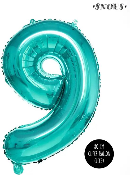 Cijfer Helium Folie Ballon - 9 jaar cijfer - Turquoise - Turkoois - 80 cm - leeftijd 9 jaar feestartikelen verjaardag
