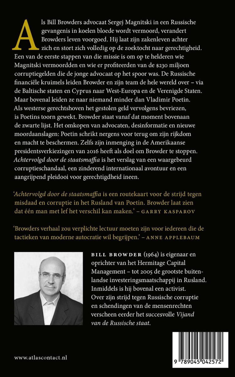 Boekomslag 'Achtervolgd door de staatsmaffia' met foto van Bill Browder, tekst over zijn strijd tegen Poetin, en citaten.