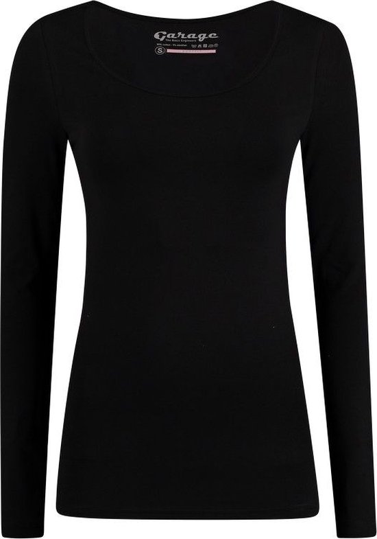 Garage 704 - Dames Bodyfit T-shirt ronde hals lange mouw zwart L 95% katoen 5% elastan