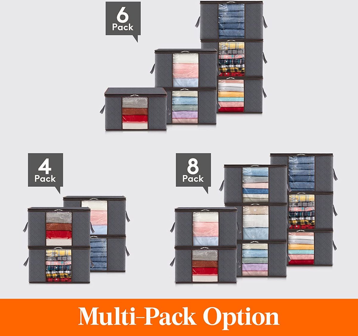 Lifewit opbergtassen, 3 stuks, 60 l, opbergdoos met deksel, kledingorganizer, opvouwbare kledingopslag, verhuisdozen met versterkte handgreep voor dekbedden, kleding, deken, grijs