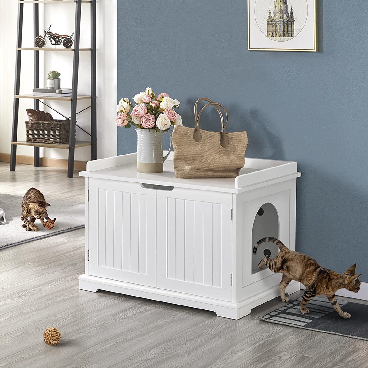 COSTWAY Kattenkast, Kattentoilet, Kattenmand Met 2 Deuren En Ingang Kattenhuis Kattenbak Kast Voor Katten Honden Huisdieren Huisdierbox Vintage Bruin