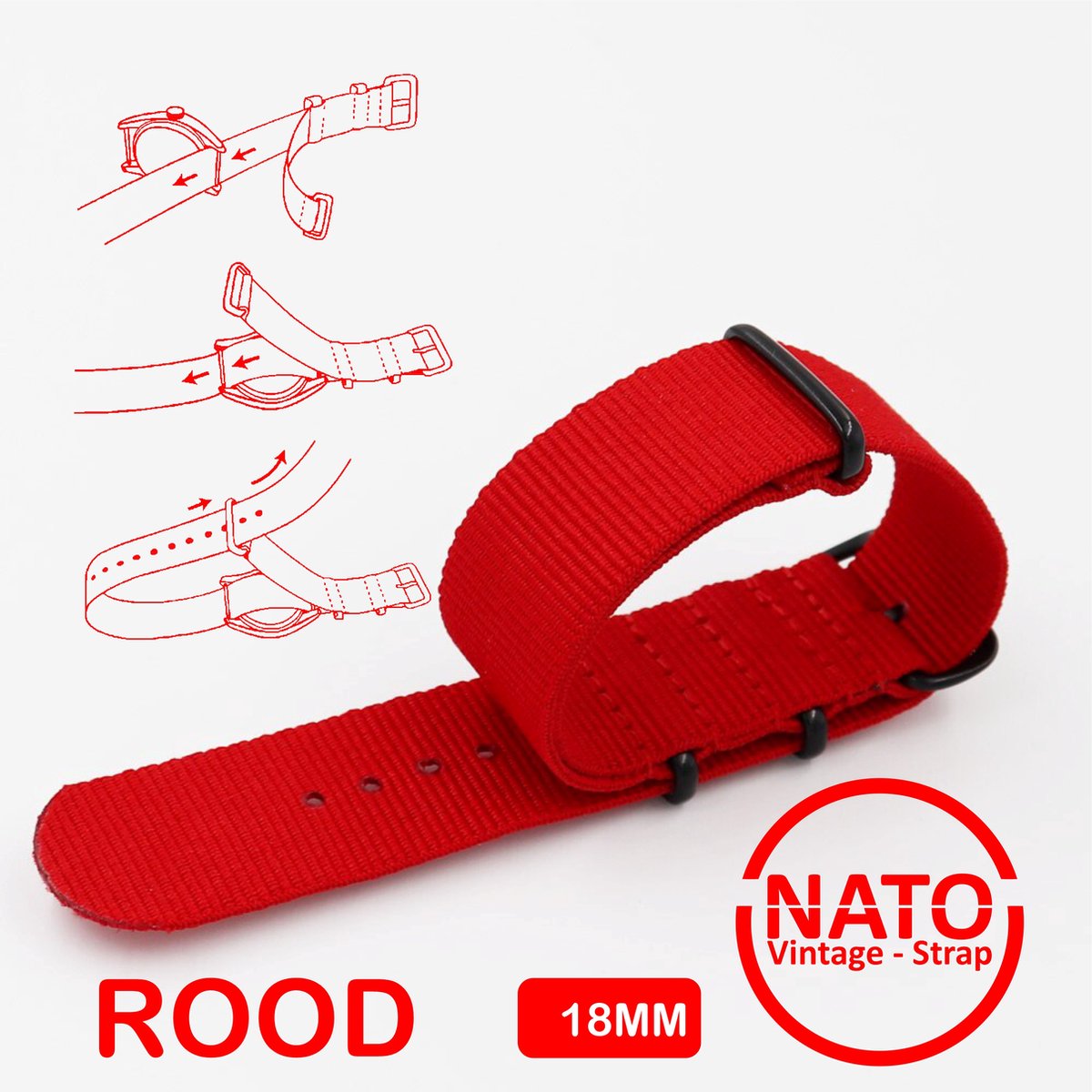 18mm Premium Nato Strap ROOD met zwarte gesp - Vintage James Bond - Nato Strap collectie - Mannen - Vrouwen - Horlogeband - 18 mm bandbreedte voor oa. Seiko Rolex Omega Casio en Citizen