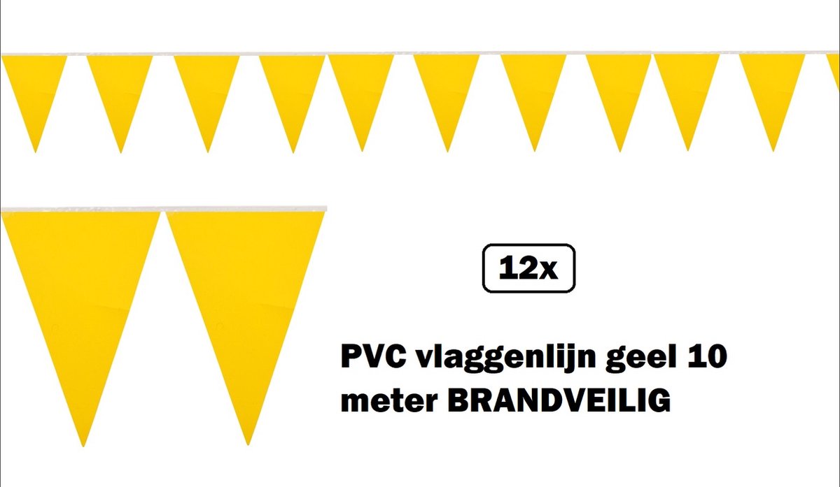 12x Vlaggenlijn geel 10 meter pvc - Carnaval thema feest festival party decoratie vlaglijn