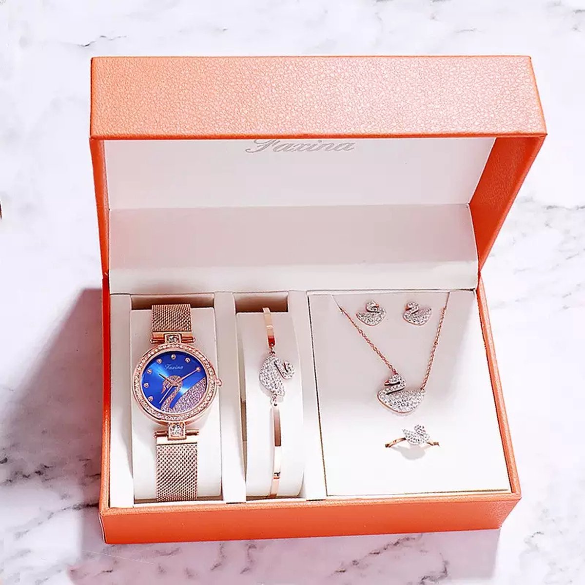 Horlogebox voor dames - geschenkdoos - cadeau set met horloge - oorbellen - ketting - ring - armband - valentijn cadeautje voor haar - rosegoud- silver- blauw