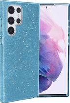 Casemania Hoesje Geschikt voor Samsung Galaxy S22 Ultra Blauw - Glitter Back Cover