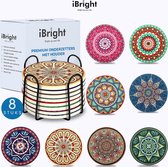 iBright Onderzetters voor glazen - Set van 8 met houder - Rond - Bohemian - Oosterse - Mandala design - Coasters