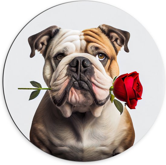 Dibond Muurcirkel - Romantische Franse Bulldog Hond met Roos tegen Witte Achtegrond - 70x70 cm Foto op Aluminium Muurcirkel (met ophangsysteem)