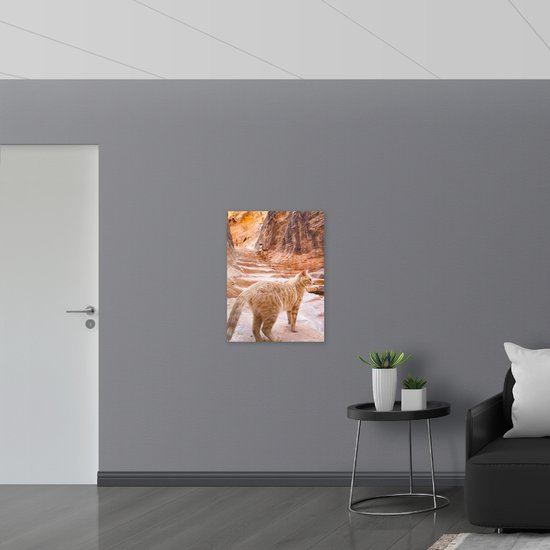 Hout - Rode Kat Lopend door Rotsachtige Omgeving - 60x80 cm - 9 mm dik - Foto op Hout (Met Ophangsysteem)