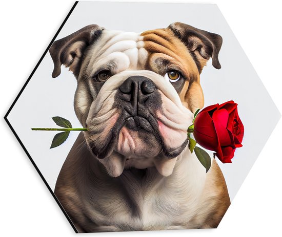 Dibond Hexagon - Romantische Franse Bulldog Hond met Roos tegen Witte Achtegrond - 30x26.1 cm Foto op Hexagon (Met Ophangsysteem)
