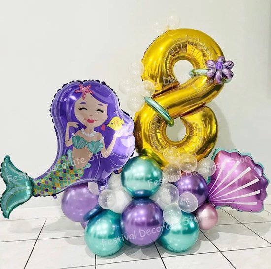 Mermaid Ballonnen - 5 jaar - De Kleine zeemeermin / The Little Mermaid - Verjaardag Versiering / Feestpakket - Ballonnen set - 34 stuks - Kinderfeestje Zeemeermin Thema - Paarse ballonnen - Turquoise ballonnen