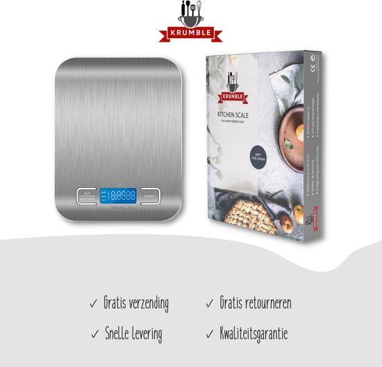 Krumble Digitale Precisie Keukenweegschaal - Tot 5000 gram (5 kg) - RVS - Krumble