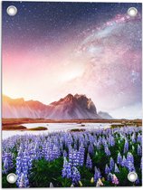 Tuinposter – Lavendelveld in Landschap met Bergen onder Sterrenhemel - 30x40 cm Foto op Tuinposter (wanddecoratie voor buiten en binnen)