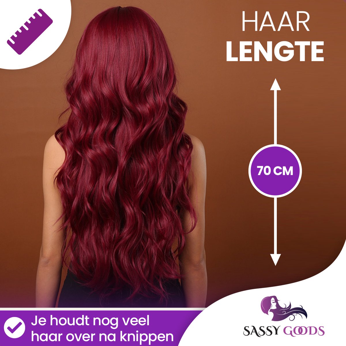 SassyGoods Rode Pruik - Pruiken Dames Lang Haar met Pony - Wig - Haarwerk - Wasbaar - Wijn Rood - 70 cm — afbeelding 3