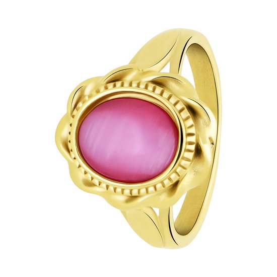 Lucardi Dames vintage ring met bloem roze – Maat 57 – 18mm - Ring - Cadeau - Staal goldplated - Goudkleurig
