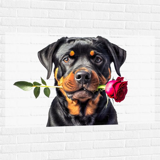 Muursticker - Romantische Rottweiler Hond met Roos tegen Witte Achtegrond - 120x80 cm Foto op Muursticker