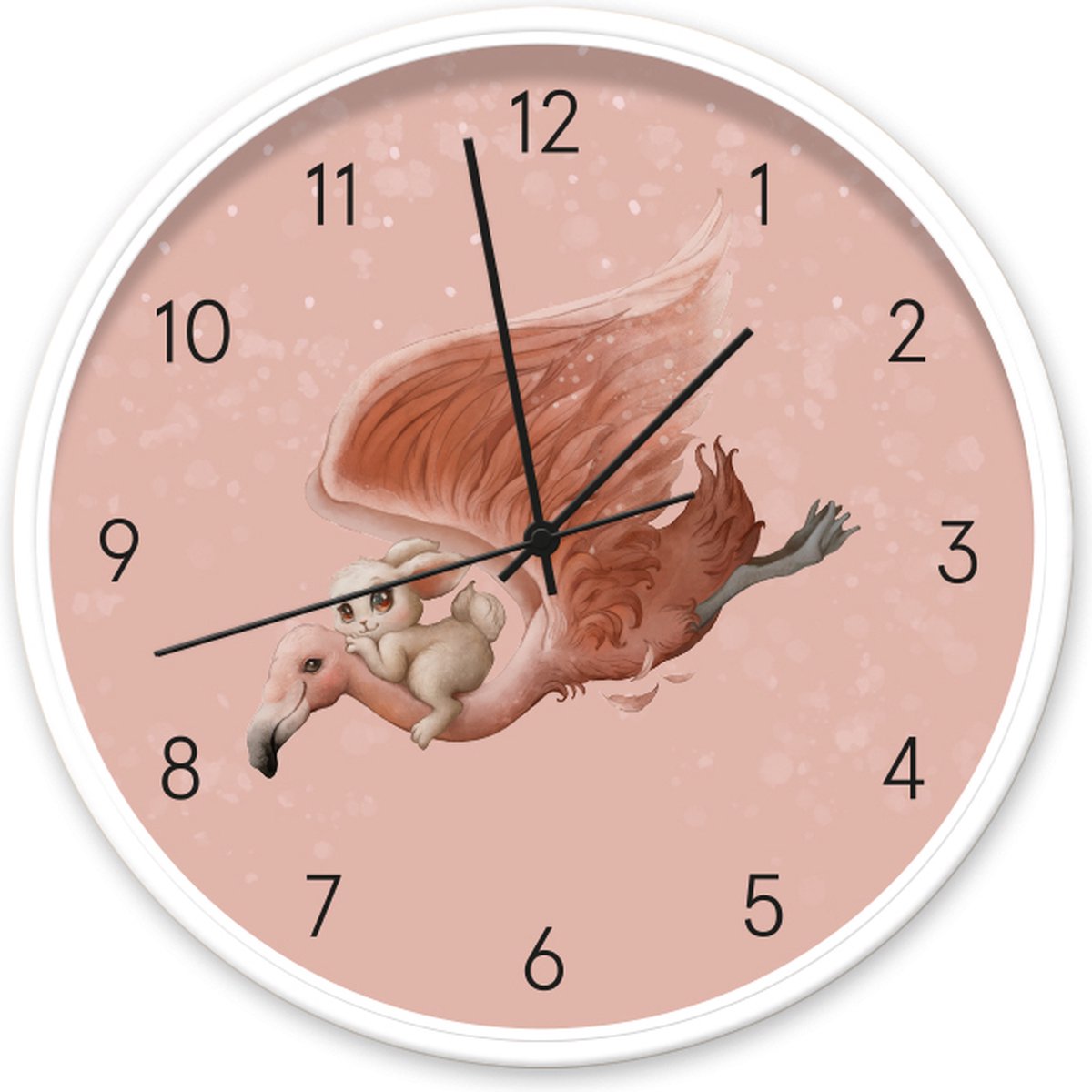 Klok Magical Flamingo roze 30 centimeter Dutch Sprinkles - ø30cm kinderklok met magische flamingo - wit frame zwarte wijzers - kinderkamer accessoire - meisjes klok - geluidloze wandklok tikt niet - flamingo en konijn